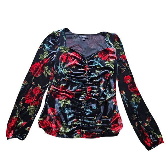 INC Women’s Velvet Floral Ruched Puff Sleeve Top Medium Whimsygoth Romantic Y2K - Picture 7 of 14